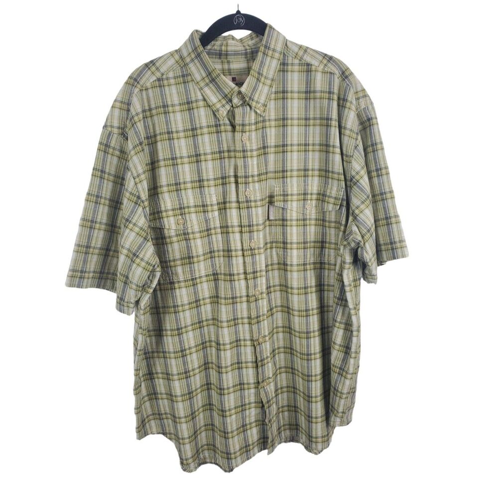 Woolrich Button Down Shirt XL Mens Short Sleeve Green White Plaid Pocket Casual